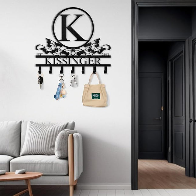 Dyoart Personalized Key Holder Wall Mount - Custom Family Name Key Holder for Wall, Metal Key Rack Hook Organizer, Coat Rack, Key Hanger Wall Decor for Kitchen, Entryway, Hallway, Bedroom