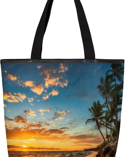 Pardick Palm Tree Beach Print Canvas Tote Bag, Eco Friendly Reusable Grocery Shopping Bags Beach Bag Book Tote Handbags Washable Shoulder Bag With Zipper Inner Pocket for Women Girls