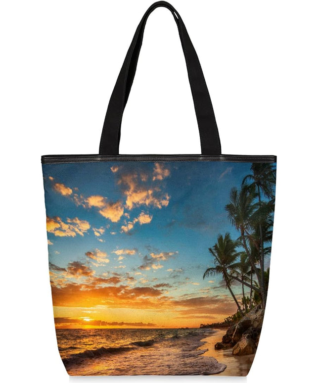Pardick Palm Tree Beach Print Canvas Tote Bag, Eco Friendly Reusable Grocery Shopping Bags Beach Bag Book Tote Handbags Washable Shoulder Bag With Zipper Inner Pocket for Women Girls