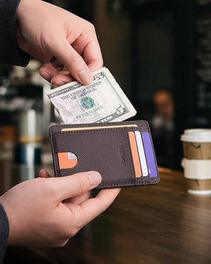 Buffway Slim Minimalist Front Pocket RFID Blocking Leather Wallets for Men and Women - Galaxy Coffee