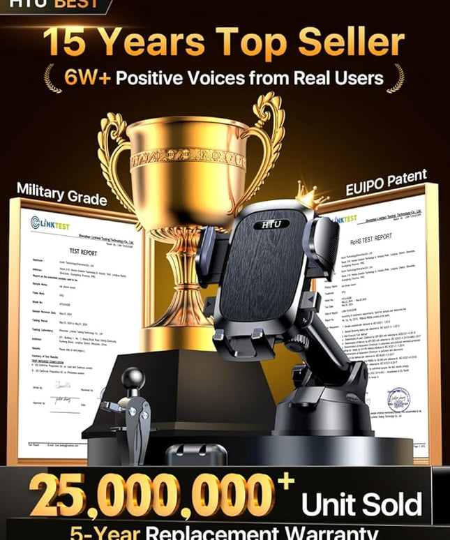 HTU 【98+LBS Strongest Suction & Military-Grade】 Ultimate Car Phone Mount【Patent & Safety Certs】 Cell Phone Holder Truck Stand for Dashboard Windshield Vent for iPhone 17 Pro Max 16 15 Samsung (Black)