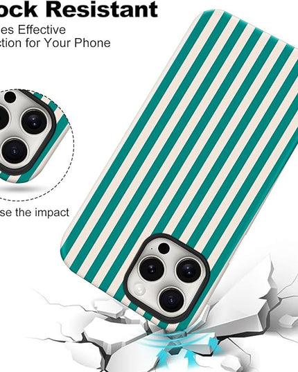 Magnetic for iPhone 13/14 Case Cute Stripes Phone Case, Shockproof Slim TPU and Hard PC Protective Phone Cover Compatible with MagSafe Designed for Women Girls, Emerald Green