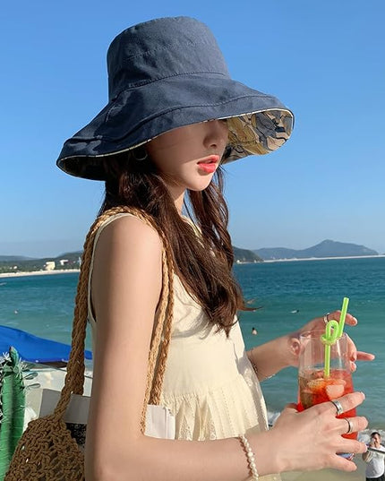 HUAMULAN Women Summer Sun Hat Wide Brim Wired Edge Floral Beach Bucket Hats Reversible Foldable Travel UV Protection Lady Hat