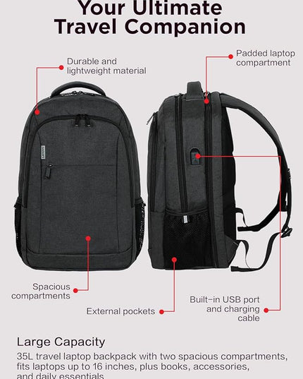 Lenovo B325 Laptop Backpack 35L – Anti-Theft, Water-Resistant, USB Charging Port, Fits 16-Inch Laptops, 2 Compartments, Luggage Strap, Travel Backpack for Work, School, Men & Women, Black