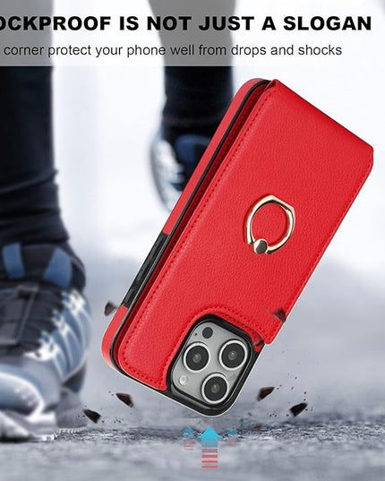 Folosu Compatible with iPhone 16 Pro Max Case Wallet with Card Holder, 360°Rotation Finger Ring Holder Kickstand, RFID Blocking Leather Protective Double Buttons Shockproof Cover 6.9 Inch Red