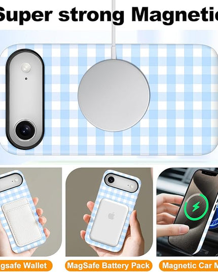 Magnetic for iPhone 17 Air Case Cute Checkered Stripes Phone Case for Women Girls, Shockproof Slim TPU and Hard PC Protective Phone Cover Compatible with MagSafe Designed, Blue
