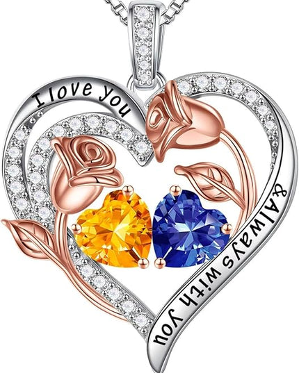 Iefil Christmas Gifts for Women Wife - 925 Sterling Silver Rose Heart Birthstone Necklace Birthday Anniversary Jewelry Gifts for Her Wife Mom Daughter