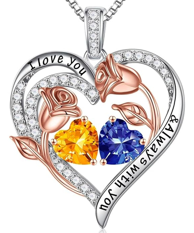 Iefil Christmas Gifts for Women Wife - 925 Sterling Silver Rose Heart Birthstone Necklace Birthday Anniversary Jewelry Gifts for Her Wife Mom Daughter