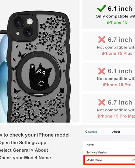 Wavy Case for iPhone 15 Case with Stand [Compatible with MagSafe] Cute Black Cat & Floral & Butterflies Pattern Design, Kawaii 360 Magnetic Ring Kickstand Phone Cover for Women Girls