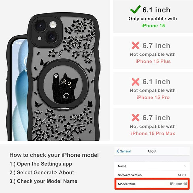 Wavy Case for iPhone 15 Case with Stand [Compatible with MagSafe] Cute Black Cat & Floral & Butterflies Pattern Design, Kawaii 360 Magnetic Ring Kickstand Phone Cover for Women Girls