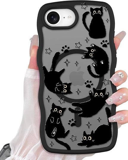 Cute Case for iPhone 16e Case [Compatible with MagSafe] with Kawaii Black Cats Cat Print Pattern Design for Women Girls, Soft Wavy Edge Anti-Slip Animal Magnetic Protective Phone Cover