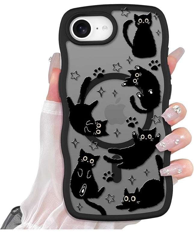 Cute Case for iPhone 16e Case [Compatible with MagSafe] with Kawaii Black Cats Cat Print Pattern Design for Women Girls, Soft Wavy Edge Anti-Slip Animal Magnetic Protective Phone Cover