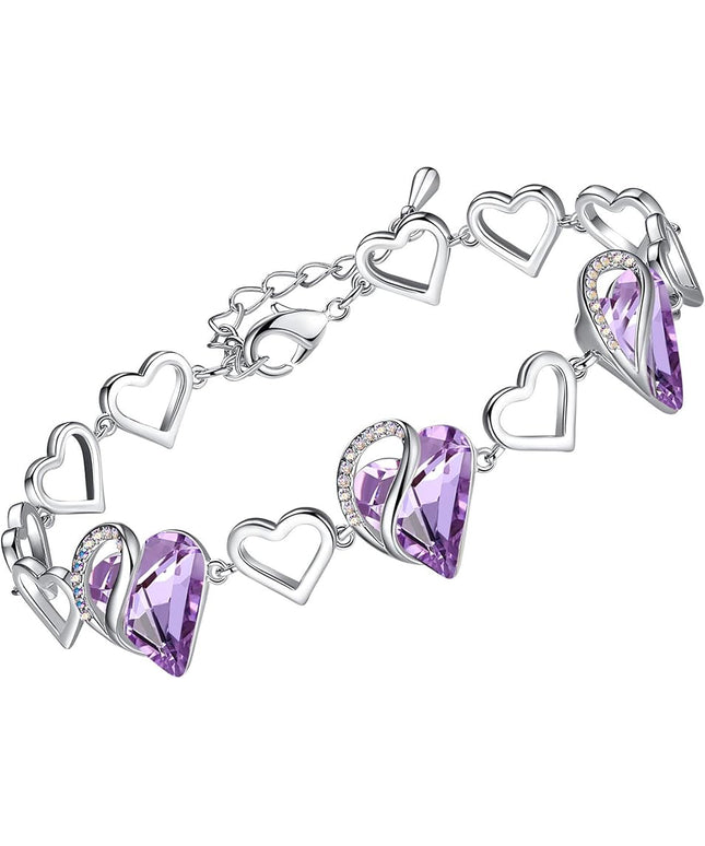 Leafael Infinity Love Heart Link Bracelets, Birthstone or Healing Stone Crystal Bracelet for Women, Silver Tone Jewelry Gifts for Her, 7-inch Chain and 2-inch Extender