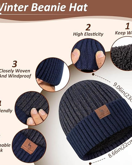 Men Women Winter Beanie Hats Scarf with Touchscreen Gloves Warm Knit Themal Gloves Long Scarf Set with Fleece Lined