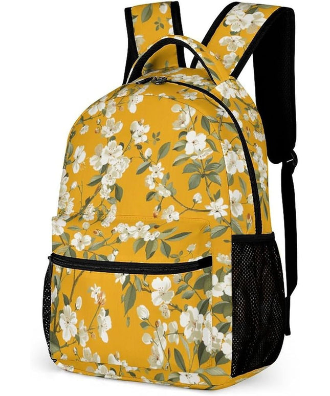 Fashion Yellow White Floral Backpack Lightweight Large Capacity Laptop Daybag for Travel Work