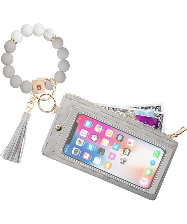 COOLANS Silicone Bracelet Wristlet Wallet Credit Card Holder RFID,ID Window,Key Ring Tassel,Slim Wallet Women Keychain Purse
