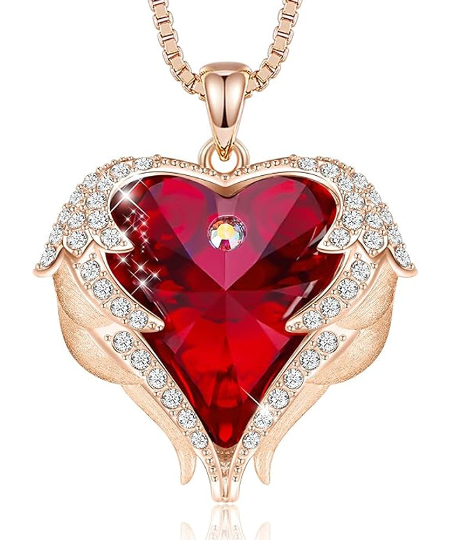 CDE Christmas Gifts for Women Angel Wings Necklace for Women with Birthstone, Love Heart Silver Tone/Gold Tone Pendant, Ideal Anniversary or Birthday Jewelry Gifts for Wife Girlfriend Her