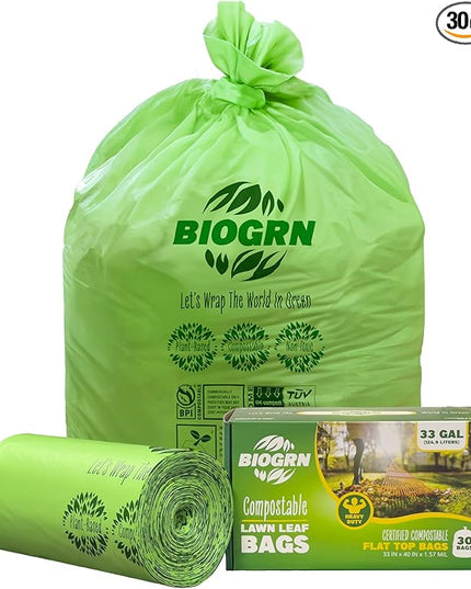 30-33 Gallon Compostable Trash Bags Flat-Top 30 Bags Heavy Duty1.57 Mil, 124.92 Liter Large Lawn and Yard Waste Bag green for Outdoor Garden ASTM D6400, US BPI and OK Compost Home Certified