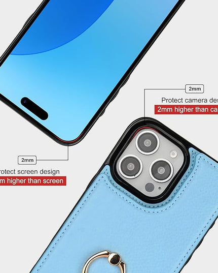 Folosu Compatible with iPhone 16 Pro Max Case Wallet with Card Holder, 360°Rotation Finger Ring Holder Kickstand, RFID Blocking Leather Protective Double Buttons Shockproof Cover 6.9 Inch Blue