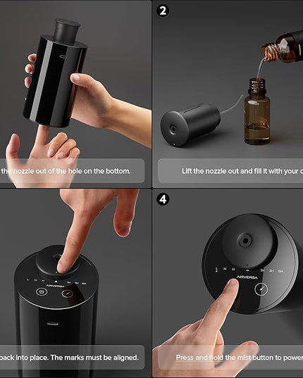 Airversa Waterless Essential Oil Diffuser Starter Kit with 4 x 10mL Fragrance Scent Oil, Battery Operated Mini Scent Air Machine Portable Diffuser for Home Car Office, AN6 Black Kit01