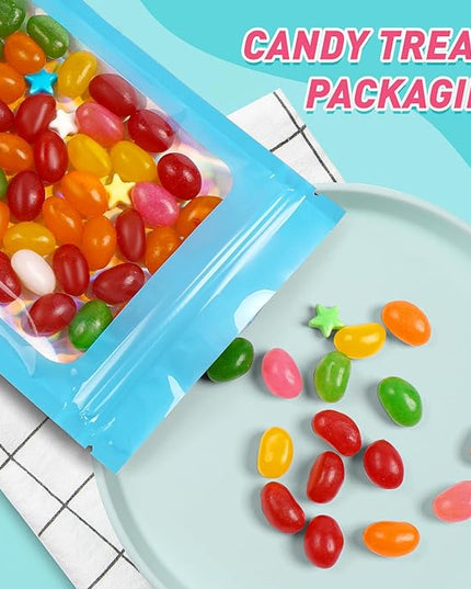 Funfery 300 Pack Smell Proof Resealable Bags for Food Storage,Holographic Bags 4x6 Blue Mylar Clear Packaging Bag- Scent Proof for Cookies, Zip Foil Pouch for Small Business