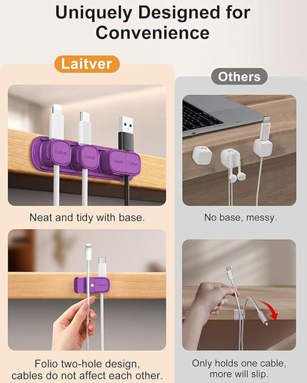 6 Pack Magnetic Cable Clips [1s Open/Lock], Laitver Cord Organizer Holder Strong Adhesive Desk Cable Management- Organize Charging Cords Neatly for Home, Office, Car,Desk, Nightstand-Deep Purple