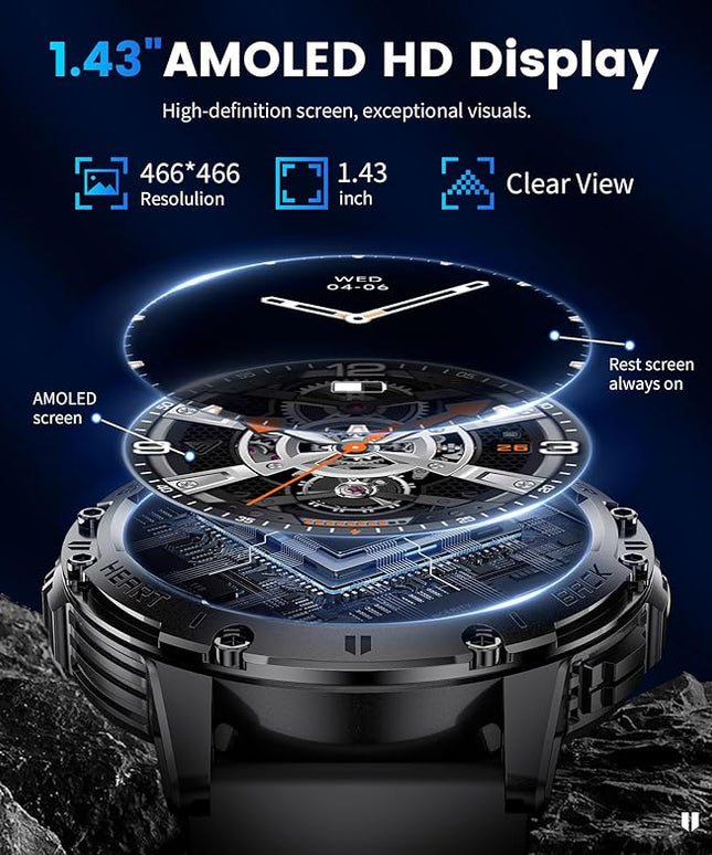 LIGE Military Smart Watches for Men(Answer/Make Calls) with LED Flashlight,530mAh Large Battery,1.43’’ AMOLED Fitness Tracker Heart Rate/SpO2/Sleep Monitor 5ATM Smartwatch for Android iOS,Silicone