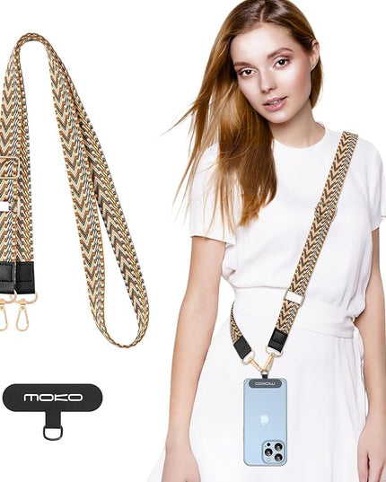 MoKo Universal Phone Lanyard, Braided Adjustable Cell Phone Crossbody Strap Detachable Women & Men Cellphone Lanyards Around The Neck with Patches for iPhone, Most Smartphones, Khaki
