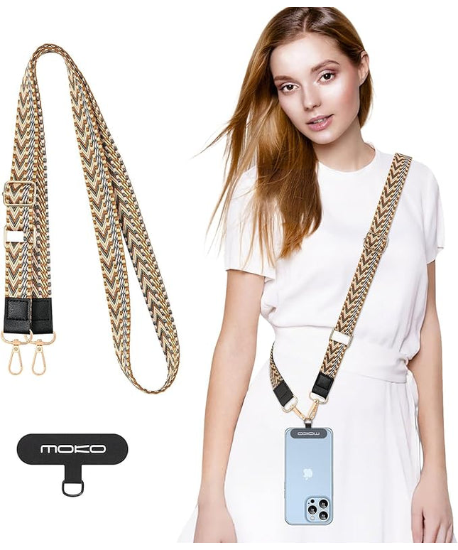 MoKo Universal Phone Lanyard, Braided Adjustable Cell Phone Crossbody Strap Detachable Women & Men Cellphone Lanyards Around The Neck with Patches for iPhone, Most Smartphones, Khaki