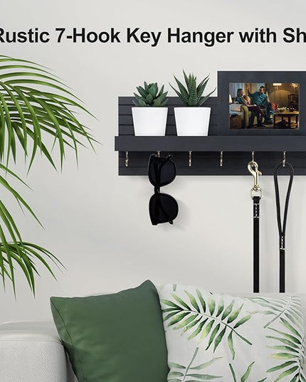 Lwenki Decorative Key Holder for Wall with Shelf, Entryway Shelf with Hooks Holds Leashes, Jackets and Glasses – Sturdy Wood Keyholder Entrance Hanger with Mounting Hardware (Black, Large)