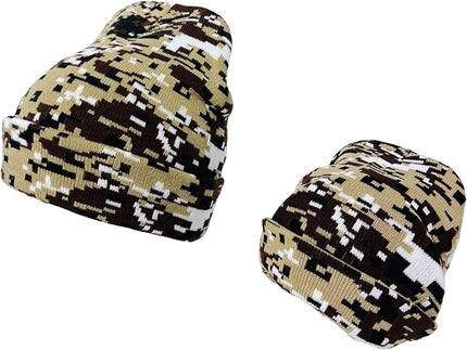 Super Soft Adult & Child Camo Print Winter Knit Beanie Set
