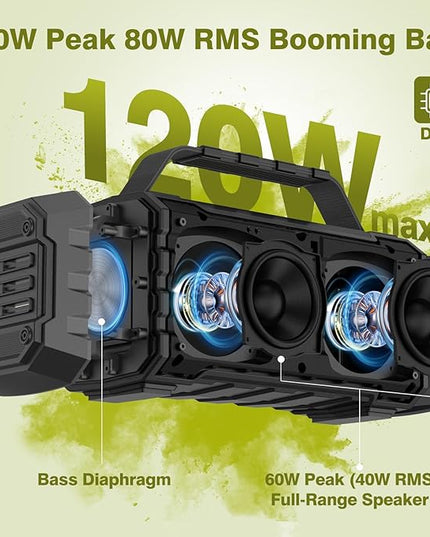 Bluetooth Speaker 120W Peak 80W Portable Wireless Hi-Fi Loud Outdoor IPX6 Waterproof Big Party Speakers with Deep Bass, TWS Pairing, DSP Sound Boombox for Home Camping Beach