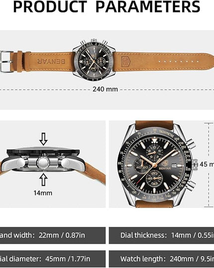 BY BENYAR Watch for Men Analog Quartz Chronograph Waterproof Luminous Designer Mens Wrist Watches Business Work Sport Casual Dress Watch with Silicone Strap Elegant Gifts for Men
