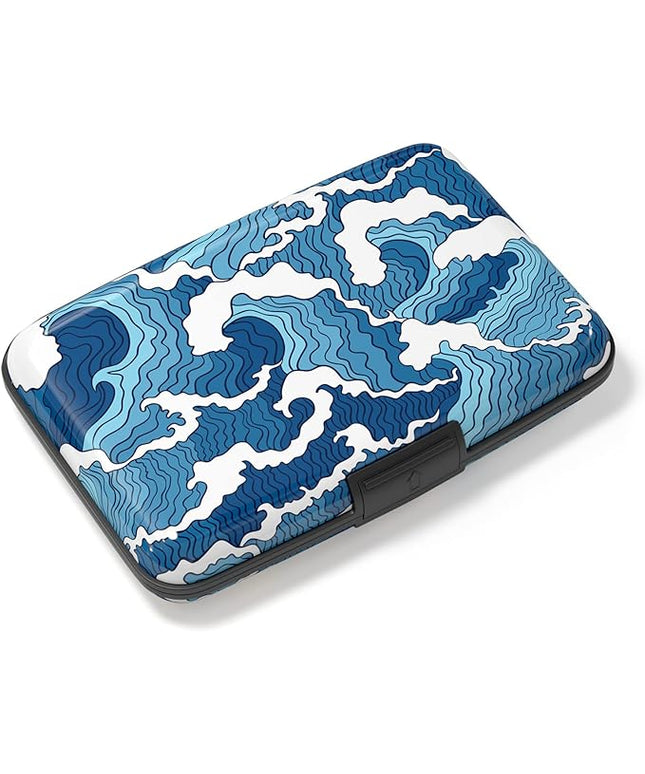Atufsuat Credit Card Holder, Mini Aluminum Card Wallet RFID Blocking Slim Metal Hard Card Case for Women Men, Blue Sea Wave