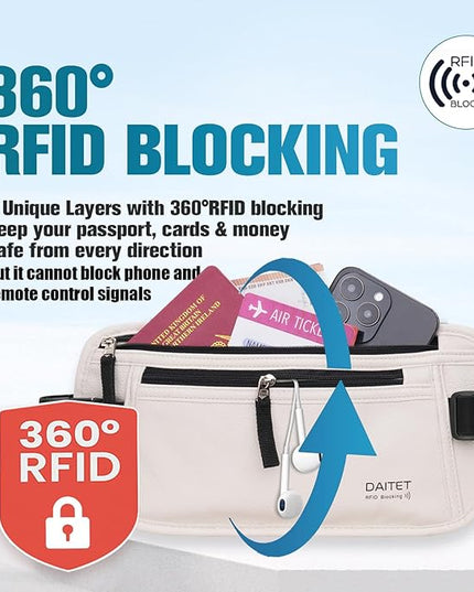 PU Leather Money Belt - Passport Holder Secure Hidden Travel Wallet with RFID Blocking, Undercover Fanny Pack(White)