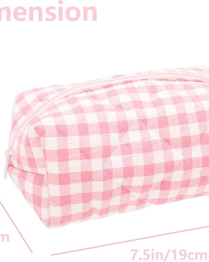 PAZIMIIK 2PCS Cozy Makeup Bag Travel Cosmetic Bag for Women Soft Toiletry Bag Aesthetic Makeup Organizer Portable Large Zipper Pouch for Skincare Beauty Accessories Brushes Pink Checkered