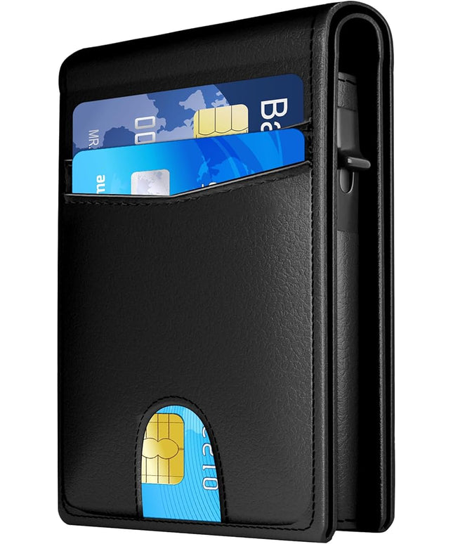 QLD Wallet for Men - RFID Blocking [Functional & Practical] Bifold Slim Minimalist Credit Card Holder Pop Up Metal Case with Cash Slot, Front Pocket with ID Window, Gift Boxed (BLACK)