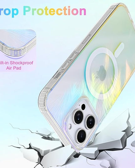 Glitter Case for iPhone 14 Pro Max Case for Women Girls [ Compatible with Magsafe ] Clear Cute Aesthetic Girly Iridescent Feather Sparkly Bling Magnetic Phone Cover, Gradient Blue & Pink
