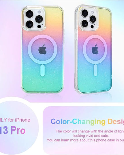 Glitter Case for iPhone 13 Pro Case for Women Girls [ Compatible with Magsafe ] Clear Cute Girly Aesthetic Iridescent Rainbow Sparkly Bling Magnetic Phone Cover, Gradient Blue & Pink