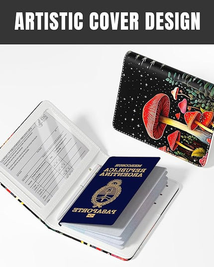 Rimilak Passport Holder, RFID Blocking Passport Cover Wallet Travel Essentials, Leather Travel Air Ticket Documents Organizer Protector for Women and Men, Red Mushroom