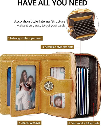 TFKGS Small Womens Wallet Leather RFID Blocking Bifold Compact Card Holder Ladies Zipper Accordion Pocket with ID Window Yellow