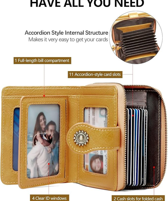 TFKGS Small Womens Wallet Leather RFID Blocking Bifold Compact Card Holder Ladies Zipper Accordion Pocket with ID Window Yellow