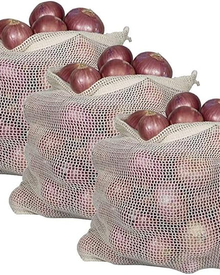 Reusable Onion Storage Bags - Organic Cotton Mesh Onion Bags with Drawstring - Washable Onion Holder Storage - Net Onion Keeper Sacks - Perfect Potato Storage Bags - Root Vegetable Sacks (3 X-Large)