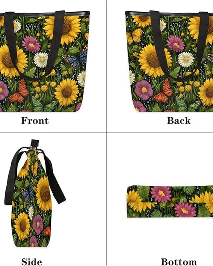 Pardick Canvas Tote Bags, Sunflower Daisy Butterfly Tote Bag Eco Friendly Reusable Grocery Shopping Bagsfor Beach, Books, Women with Zipper Inner Pocket