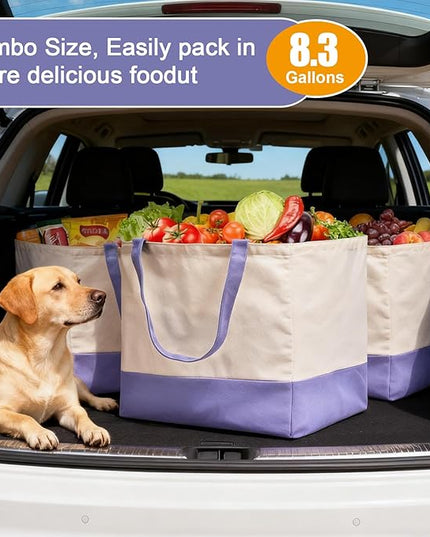 Reusable Grocery Bags Heavy Duty, 8.3 gal Foldable Large Canvas Tote Bag with Handles, Holds 60 lbs Canvas Shopping Bags, 3 Pack（Off White+Light purple）