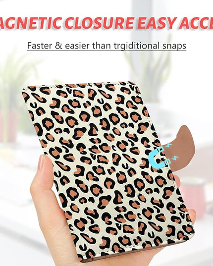 Passport Holder, Travel Wallet Cover with Pen Loop | Cute RFID Blocking Leather Case with Magnetic Closure for Travel Essentials-Leopard