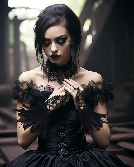 HOMELEX Women Black Lace Feather Gloves Witch Angel Costume Accessories Swan Wings Wrist Bands