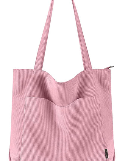 Prite Corduroy Tote Bag for Women Large Shoulder Bag with Zipper and Pockets for College Work Travel Shopping