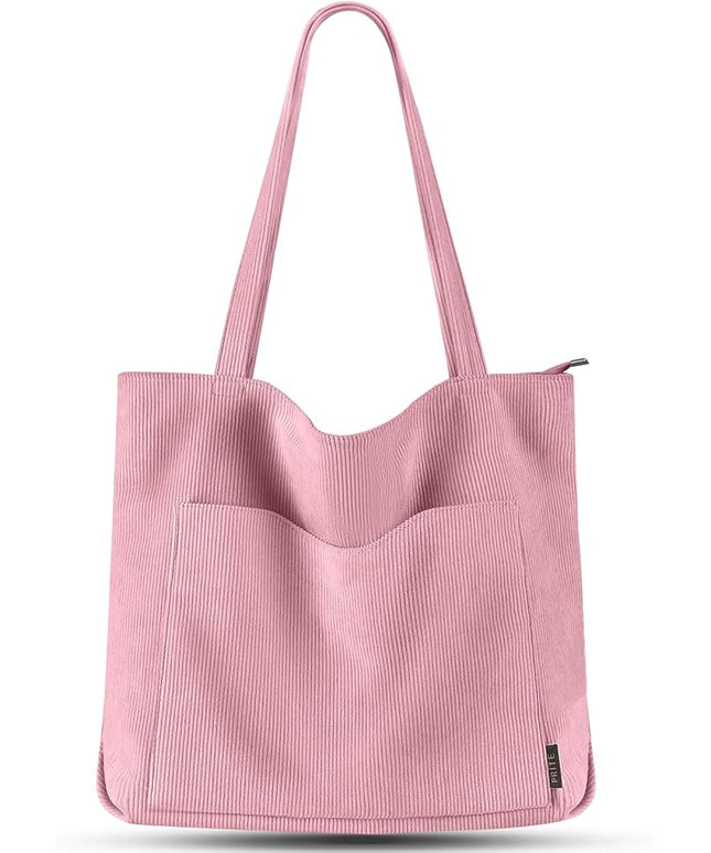 Prite Corduroy Tote Bag for Women Large Shoulder Bag with Zipper and Pockets for College Work Travel Shopping