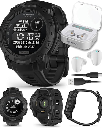 Wearable4U Garmin Instinct 3 Tactical Edition, Solar Charging Display, 45mm, Rugged Outdoor GPS Smartwatch, Applied Ballistics Support, LED Flashlight, Multi-Band GPS White Earbuds Bundle